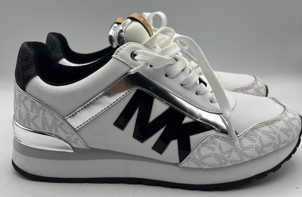 Michael Kors Womens 7.5M White Silver Black Logo Wedge Lace Up Sneakers